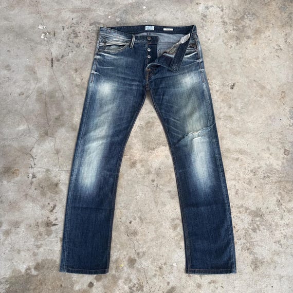 Replay, W34x30 Vintage Replay Button Fly Faded Mud Washer Ripped Denim Jean