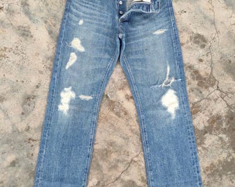 Pantalones vaqueros de mezclilla descoloridos con cierre de botones de la revista Vintage Journal, talla W30x29.5