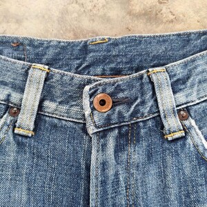 May include: Close-up of blue denim jeans. The jeans feature a copper-colored button and rivets, with yellow stitching details. The fabric shows signs of wear, with a faded appearance.