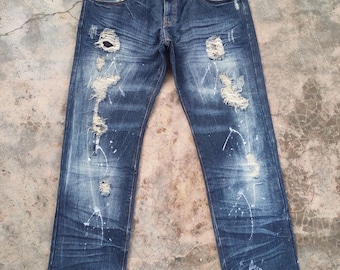 Vita 35 Vintage Root Three Paint Ripped Denim Faded Jean W35x30