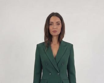 Dark Green Double-Breasted Blazer Wide Leg Trousers Suit Set, Elegant Formal Pantsuit
