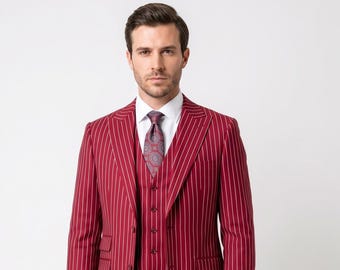 Men’s Designer Red Pinstripe Suit Set – Blazer, Waistcoat & Trousers