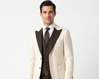Men's Cream Blazer Brown 3 Piece Suit – Slim Fit Wedding Groom Outfit