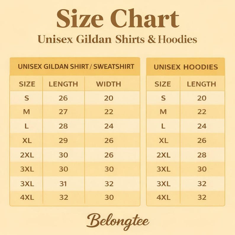 May include: A size chart for Unisex Gildan shirts and hoodies. The chart includes measurements for length and width in inches for various sizes, from S to 4XL. The Belongtee logo is at the bottom.