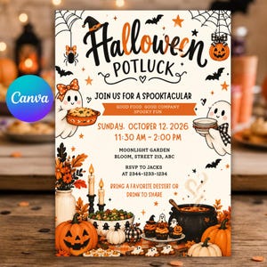May include: A Halloween potluck invitation flyer featuring black and orange graphics of ghosts, pumpkins, bats, and a cauldron. The text reads Halloween Potluck, Join us for a spooktacular, Sunday, October 12, 2026, 11:30 AM - 2:00 PM, Moonlight Garden, Bloom, Street 213, ABC, RSVP to Jacks at 2344-1233-1234, and bring a favourite dessert or drink to share.