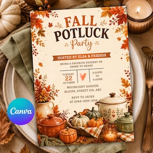 May include: A Fall Potluck Party invitation card featuring autumn leaves, pumpkins, and cooking pots. The text reads: FALL POTLUCK Party, HOSTED BY ELSA & FRIENDS, BRING A FAVORITE DESSERT OR DRINK TO SHARE, TUESDAY 22 OCTOBER, 2:00PM TO 4:00PM, MOONLIGHT GARDEN.