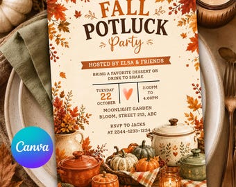 May include: A Fall Potluck Party invitation card featuring autumn leaves, pumpkins, and cooking pots. The text reads: FALL POTLUCK Party, HOSTED BY ELSA & FRIENDS, BRING A FAVORITE DESSERT OR DRINK TO SHARE, TUESDAY 22 OCTOBER, 2:00PM TO 4:00PM, MOONLIGHT GARDEN.