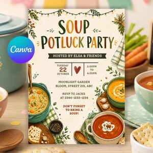 Peut inclure: Une carte d'invitation rectangulaire pour une fête de type auberge espagnole de soupe avec des illustrations de bols de soupe, de cuillères en bois et de pain. Le texte indique Soup Potluck Party, Hosted by Elsa & Friends, Tuesday 22 October.