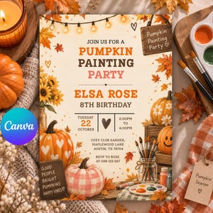 Puede incluir: Una invitación rectangular para una fiesta de pintura de calabazas con texto en naranja y marrón, ilustraciones de calabazas, girasoles y hojas de otoño, luces de cadena y detalles del evento incluyendo el nombre Elsa Rose y la fecha.