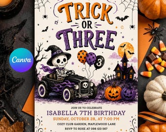 May include: A Halloween-themed birthday invitation featuring a skeleton in a witch hat driving a black car with purple flames. The text reads TRICK OR THREE, ISABELLA 7TH BIRTHDAY, SUNDAY, OCTOBER 28, AT 7:00 PM, COZY CLUB GARDEN, MAPLEWOOD LANE, RSVP TO 098 123 567.