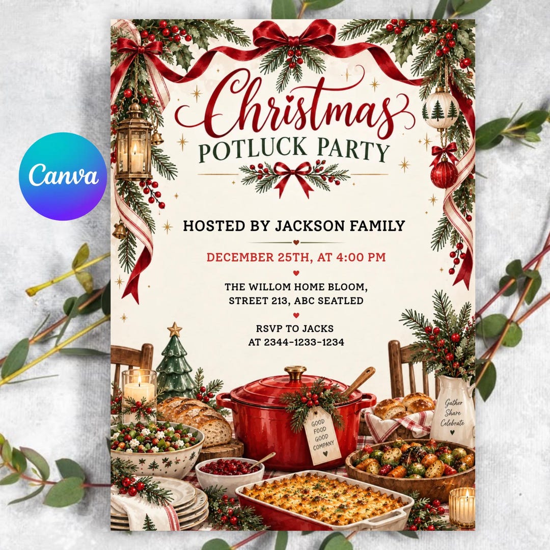 Potluck Invite Example Christmas Potluck Party Invitation, Holiday Dinner Invite, Festive ...