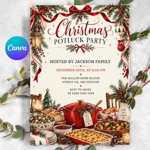 Könnte beinhalten: Eine Einladungskarte für eine Weihnachtsfeier mit festlichem Grün, roten Schleifen und einer Laterne. Der Text lautet: Christmas Potluck Party, Hosted by Jackson Family, December 25th, at 4:00 PM, The Willom Home Bloom, Street 213, ABC Seatled, RSVP to Jacks at 2344-1233-1234.