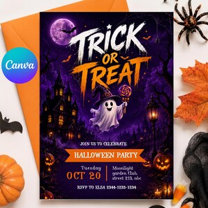 Halloween Party Invitation | Trick or Treat Ghost Invite | Spooky Haunted House Template | Kids Adult Halloween Party | Editable Canva