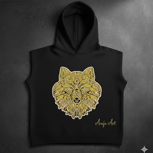 May include: Black sleeveless hoodie featuring a detailed golden wolf design on the front. The wolf illustration has intricate patterns and is set against a black background. The hoodie also has the text "Arafa Art" in gold.