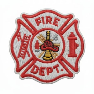 Puede incluir: Parche bordado con un diseño de cruz de Malta rojo y blanco. El parche incluye las palabras "FIRE DEPT" y varias herramientas de bombero, como una escalera, un hacha y una boca de incendios. Borde blanco.