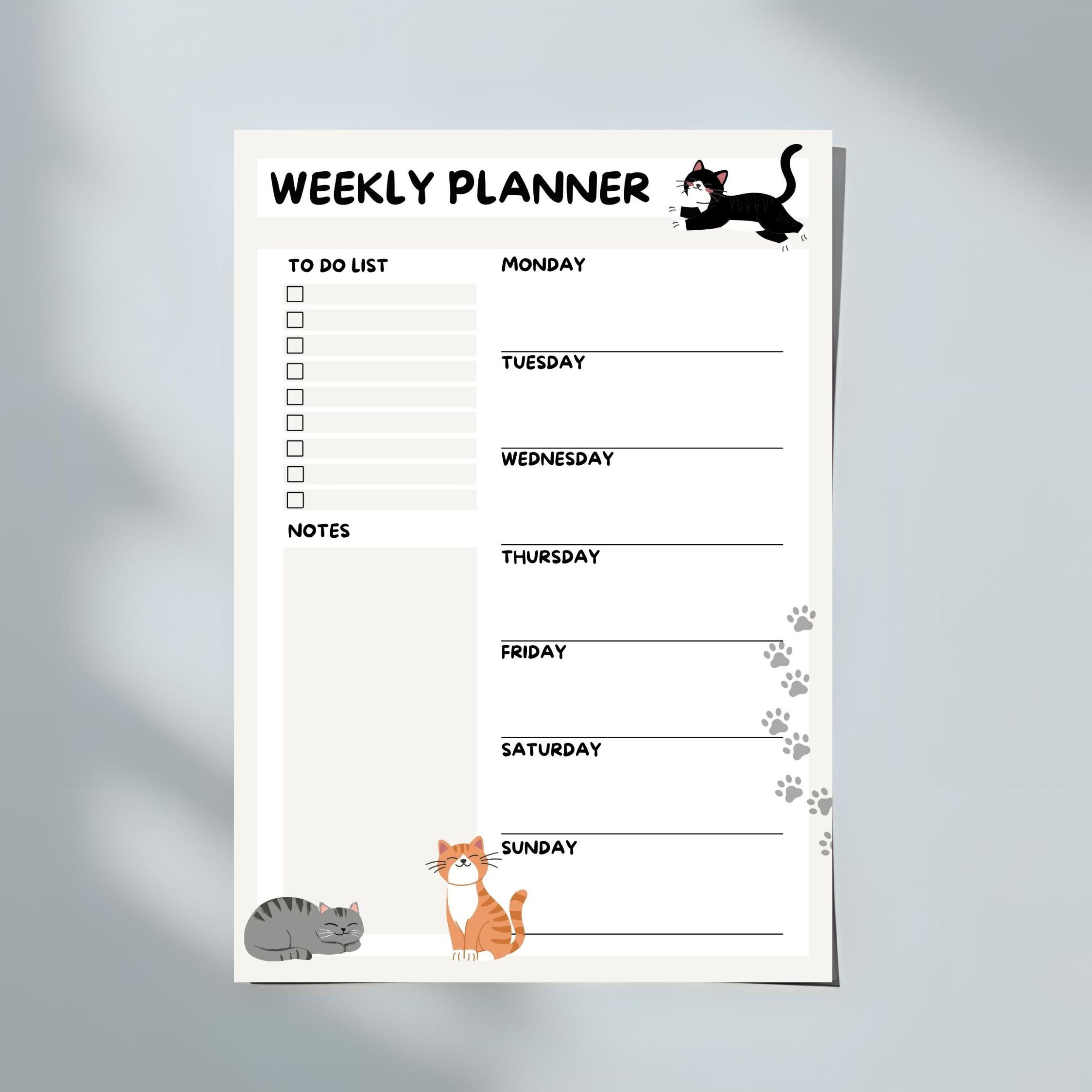 Weekly Planner Cats Printable Digital Download Simple A4 and Letter PDF ...