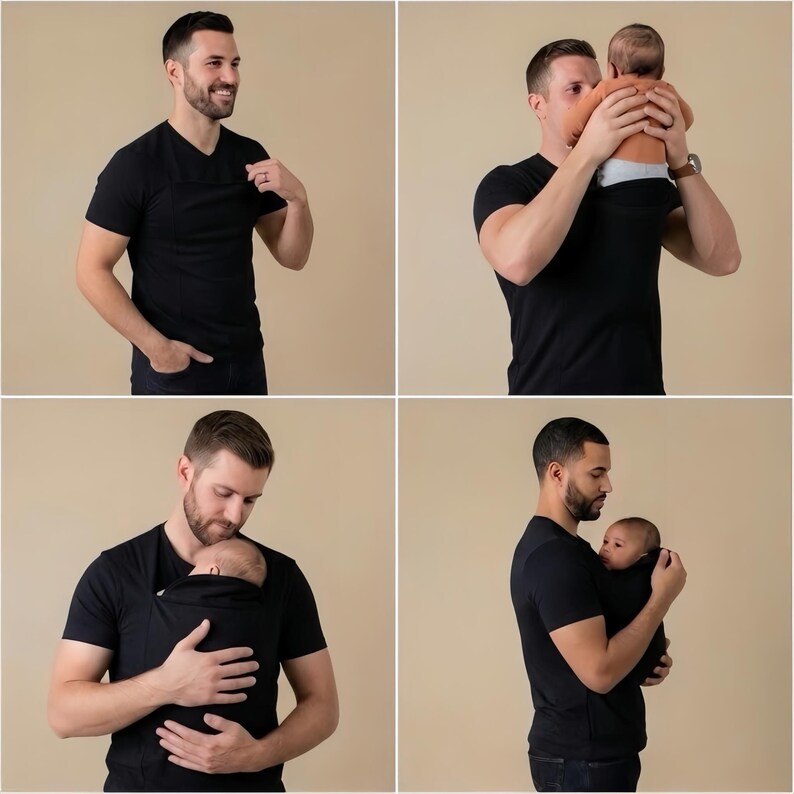 Peut inclure: Un t-shirt noir &agrave; col en V avec un porte-b&eacute;b&eacute; int&eacute;gr&eacute;. L'image montre une personne portant le t-shirt et tenant un b&eacute;b&eacute;. Le t-shirt semble &ecirc;tre fait d'une mati&egrave;re douce et confortable. Le porte-b&eacute;b&eacute; est int&eacute;gr&eacute; &agrave; la conception du t-shirt.