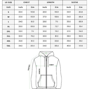 May include: A diagram of a zip-up hoodie with measurements in inches and centimeters. The chart shows chest, length, and sleeve measurements for sizes S to 5XL. The text at the top reads "ALL OVER PRINT ZIP HOODIE."
