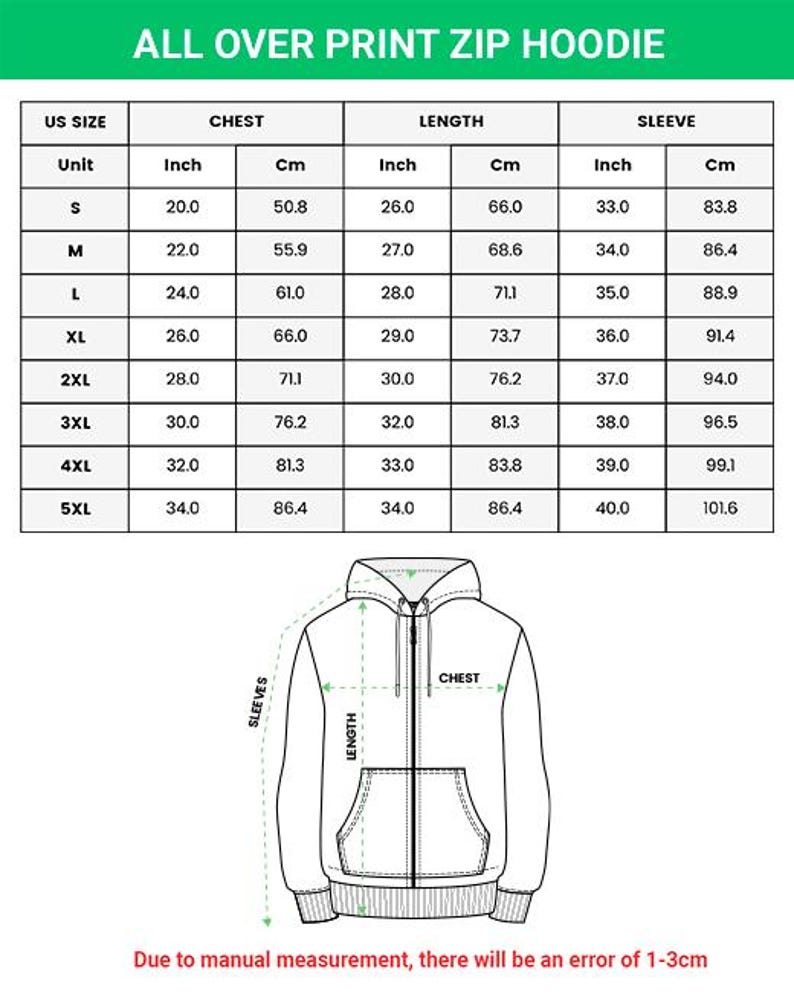 May include: A diagram of a zip-up hoodie with measurements in inches and centimeters. The chart shows chest, length, and sleeve measurements for sizes S to 5XL. The text at the top reads "ALL OVER PRINT ZIP HOODIE."