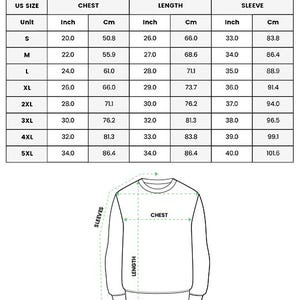 May include: A size chart for an all-over print sweatshirt, with measurements in inches and centimeters. The chart includes chest, length, and sleeve dimensions for sizes S through 5XL. The text "ALL OVER PRINT SWEATSHIRT" is at the top.