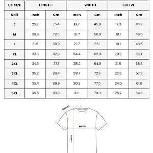 May include: A white graphic showing the measurements for an all-over print t-shirt. The chart includes US sizes, length, width, and sleeve measurements in inches and centimeters. A diagram of a t-shirt illustrates where the measurements are taken.