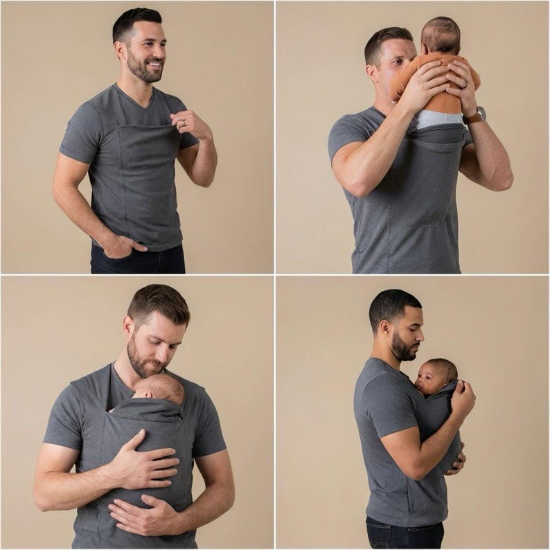 Peut inclure: Un t-shirt gris &agrave; col en V avec un porte-b&eacute;b&eacute; int&eacute;gr&eacute;. Le t-shirt a une poche sur la poitrine et est con&ccedil;u pour tenir un b&eacute;b&eacute; pr&egrave;s du parent. L'image montre le t-shirt port&eacute; par une personne avec un b&eacute;b&eacute; &agrave; l'int&eacute;rieur.
