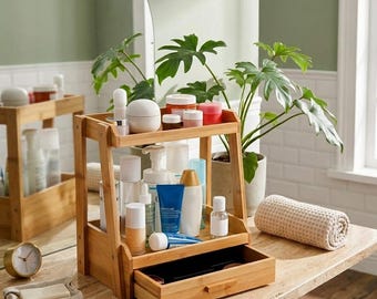 Bamboo 2-Tier Makeup Organizer with Drawer – Cosmetic & Skincare Storage Stand