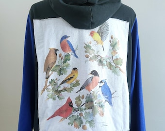 Song birds  forest green upcycled pullover hoodie Medium/Small