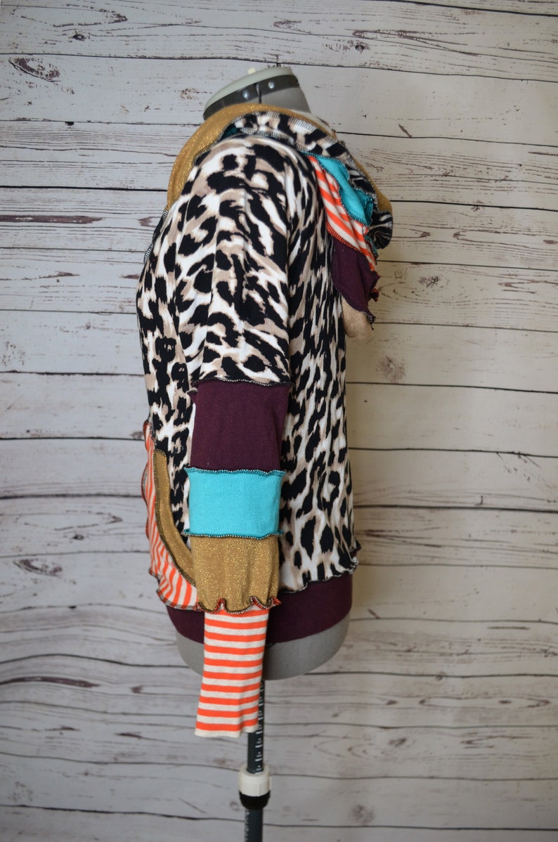 Leopard print and orange stripes upcycled button up cardigan