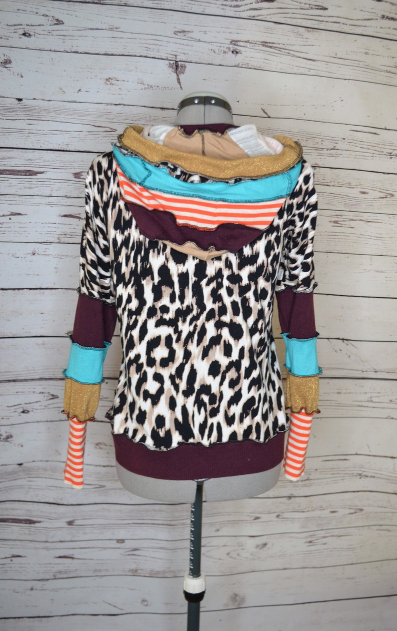Leopard print and orange stripes upcycled button up cardigan
