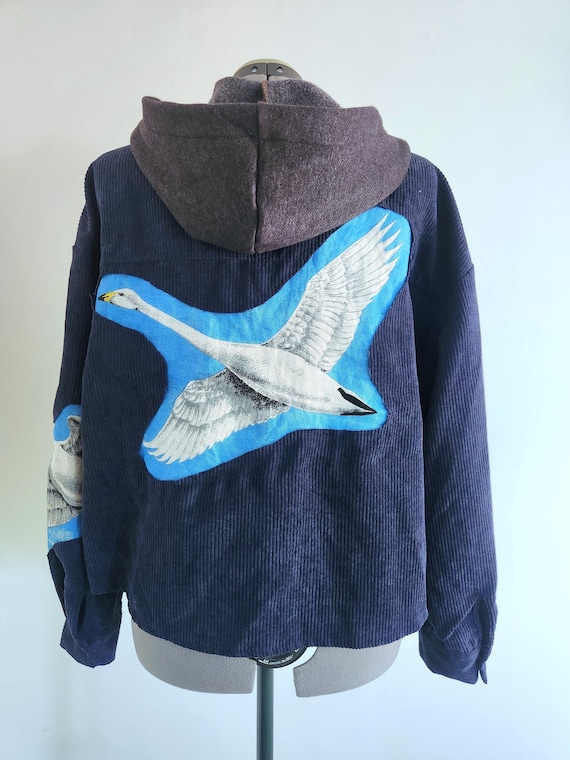 Upcycled Swan Jacket XL | Vintage Tapestry Corduroy Jacket | Navy Cropped Jacket