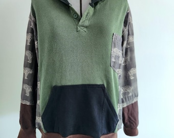 Drop sleeve mash-up! repurposed tiger button up and mossy green Henley Size medium-Large