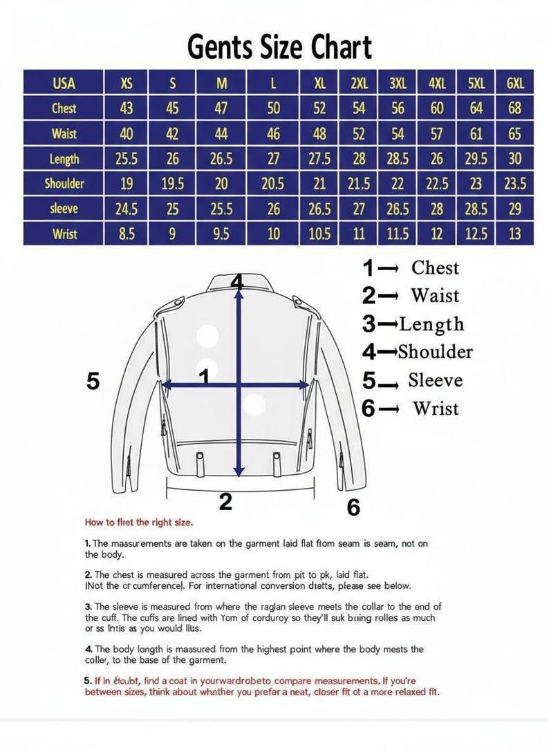 K&ouml;nnte beinhalten: Gr&ouml;&szlig;entabelle "Gents Size Chart" mit Ma&szlig;en in Zoll f&uuml;r Brust, Taille, L&auml;nge, Schulter, &Auml;rmel und Handgelenk. Eine Jacken-Diagramm zeigt, wie man das Kleidungsst&uuml;ck misst.