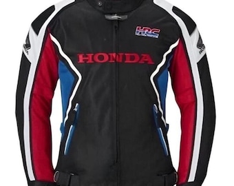 May include: Black motorcycle jacket with red, white, and blue accents. The jacket features the Honda logo in red across the chest and HRC branding on the upper right chest. The sleeves have white stripes and red panels.