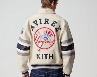 Avirex x Kith New York Yankees Varsity Lederjacke, Cremefarbe Limited Edition