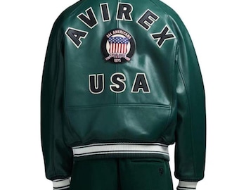 Avirex USA Icon Green Bomber Leather Jacket, Genuine Cowsoft Leather Coat, 1975 Streetwear Fashion