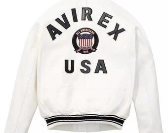 Avirex USA Varsity Jacke, Weiße Bomberjacke aus Kuhweiche Leder, Klassischer Amerikanischer Luftfahrt Stil