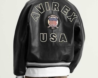 Leren bomberjack Avirex USA Black Edition, echte rundleren jas, Amerikaanse streetwearmode