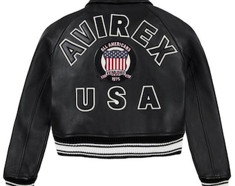 Chaqueta bomber corta Avirex USA negra estilo universitario para mujer, estilo retro de 1975.