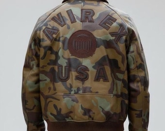 Avirex Limited Edition Camo Icon Lederjacke, echtes Cowsoft Leder, Streetwear Bomber Style Oberbekleidung