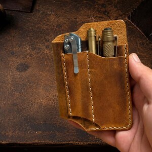 Handmade Leather Pocket Organizer, Personalized EDC Gear, Knife & Flashlight Holder, Full Grain Leather