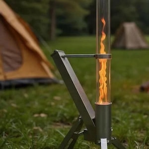 May include: A metal outdoor fire pit with a clear glass tube containing a bright orange flame. The fire pit has a tripod base and is set up on a grassy area with tents in the background. The fire pit is designed for outdoor use.