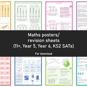 Op de afbeelding: Een verzameling kleurrijke educatieve posters en oefenbladen voor wiskunde, met onderwerpen als breuken, deling en vermenigvuldiging. De posters zijn bedoeld voor leerlingen in groep 5, groep 6 en KS2 SATs. De tekst bevat "Getallen tot een miljoen" en "Wiskunde posters/oefenbladen".