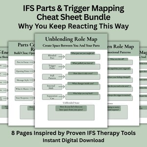 Może przedstawiać: Zestaw cyfrowych arkuszy kalkulacyjnych dla IFS Parts & Trigger Mapping. Arkusze są jasnozielone z białym tekstem i diagramami. Tytuł brzmi "IFS Parts & Trigger Mapping Cheat Sheet Bundle". Zestaw zawiera 8 stron.