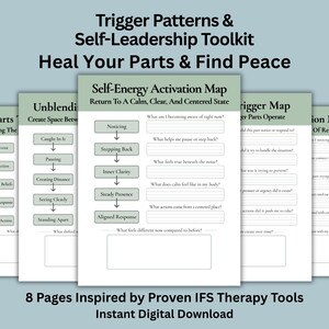 Może przedstawiać: Cyfrowe pobieranie zestawu narzędzi do samodzielnego przywództwa z tekstem "Trigger Patterns & Self-Leadership Toolkit Heal Your Parts & Find Peace". Obraz przedstawia kilka arkuszy roboczych z monitami do autorefleksji i uzdrowienia.