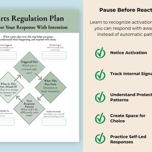 May include: A Parts Regulation Plan diagram with the text "Choose Your Response With Intention." The diagram includes prompts to understand and respond to triggers. The right side lists steps to "Pause Before Reacting."