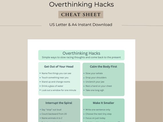 Overthinking Hacks Cheat Sheet | Stop Racing Thoughts Printable | Anxiety Grounding & Focus Reset Guide