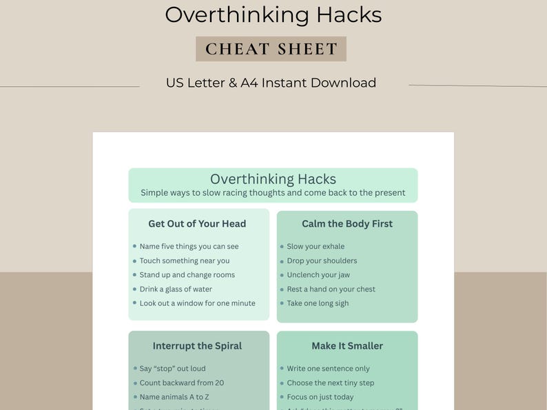 Może przedstawiać: Cyfrowe pobranie zatytułowane "Overthinking Hacks Cheat Sheet". Dokument zawiera proste sposoby na spowolnienie pędzących myśli i powr&oacute;t do teraźniejszości. Zawiera sekcje dotyczące wydostawania się z głowy, uspokajania ciała, przerywania spirali i zmniejszania jej.