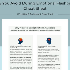 May include: A digital cheat sheet titled "Why You Avoid During Emotional Flashbacks." The document includes information on protection, avoidance, and emotional withdrawal. The design features illustrations of a head with a heart and a flame.