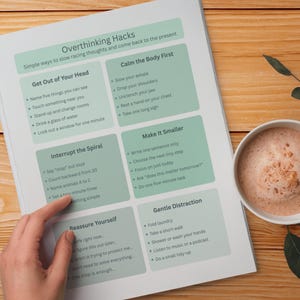 Może przedstawiać: Drukowany przewodnik zatytułowany "Overthinking Hacks" z poradami, jak spowolnić pędzące myśli. Przewodnik znajduje się na drewnianej powierzchni, obok filiżanki kawy. Sekcje przewodnika obejmują "Get Out of Your Head" i "Calm the Body First".